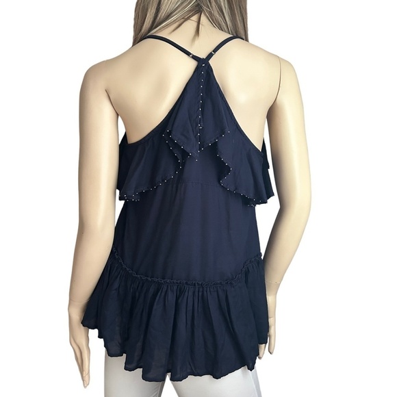Free People Navy 100% Rayon Peplum Boho Top Tank Shirt Blouse Ruffles Metal XS-S - Picture 7 of 12